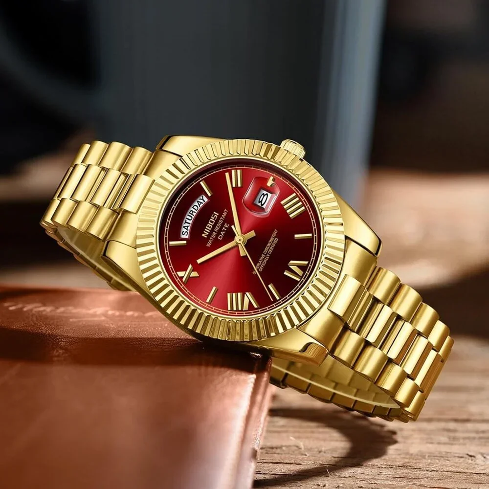 Men's Gold Red Stainless Steel Analog Classic Design Stylish Wrist Dress Watch